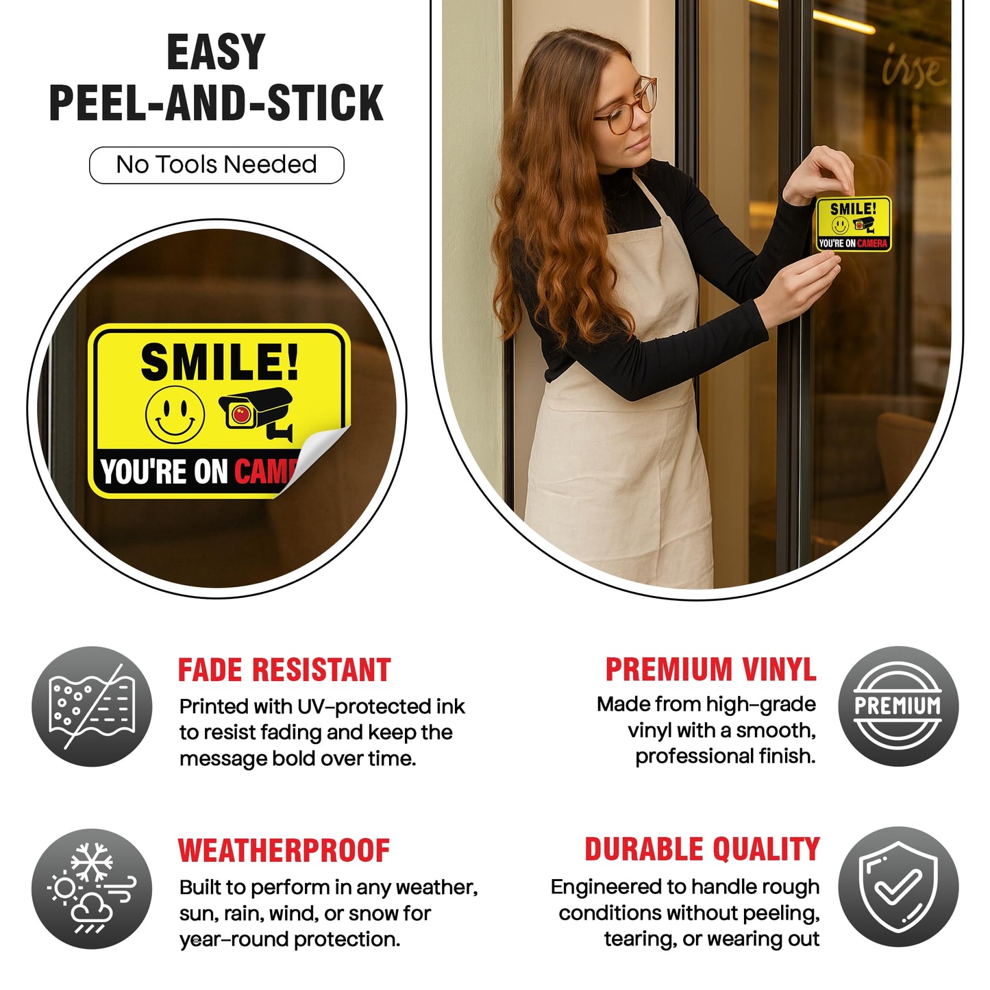 Sticky Expressions | 6 Pcs Smile You're On Camera Stickers, Two Sizes (2 Large, 4 Medium) - Strong Adhesive, Waterproof You are On Camera Signs! Anti Theft Car Stickers. Perfect for Security