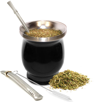 Norte Yerba Mate Tassen-Set, 237 ml (8 oz) Traditionelles Mate-Tee-Tassen-/Kalebasse-Set | Inklusive 2 Bombillas (Yerba-Mate-Strohhalm) &amp; Reinigungsbürste, Edelstahlbecher, doppelwandig, leicht zu reinigen | Schwarz