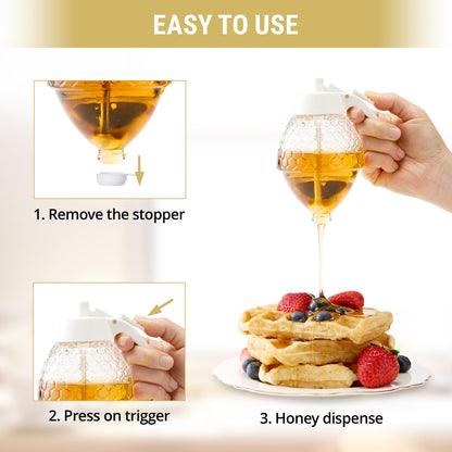 PAULSWAY SAFE, Not Chromed Glass Honey Dispenser, Food-Grade ABS White Lid - No Drip Glass with Stand - 8 oz Honey Jar - Honeycomb Design Container - Honey Pot for Honey, Maple Syrup