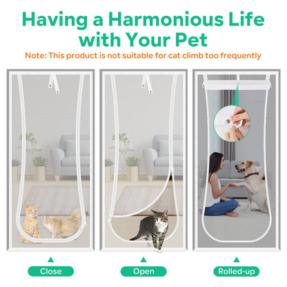 Reinforced Cat Screen Door, 35.5X82” Heavy Duty Pets Proof Screen Door with Bilateral Zipper, Prevent Dogs Cats Running Out from Home, Bedroom, Living Room, Kitchen Patio Doo