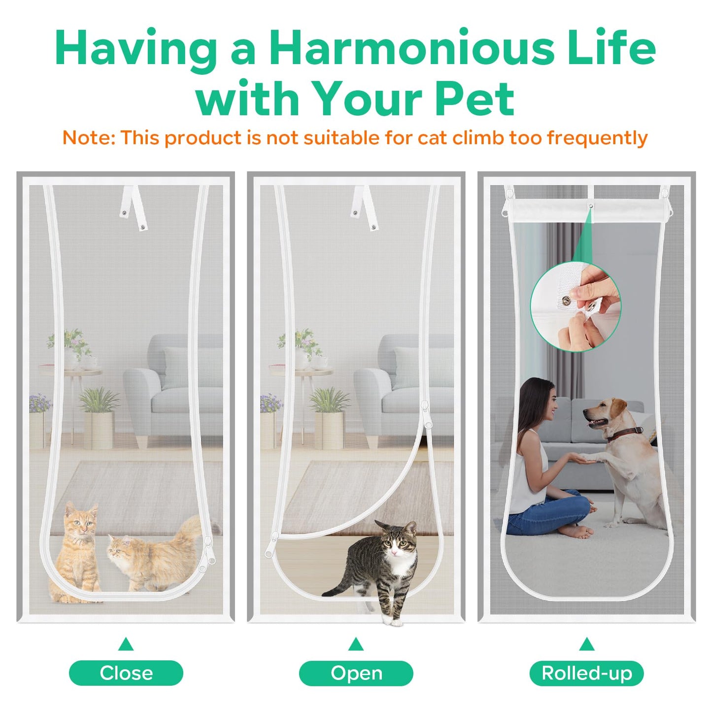 Reinforced Cat Screen Door, 35.5X82” Heavy Duty Pets Proof Screen Door with Bilateral Zipper, Prevent Dogs Cats Running Out from Home, Bedroom, Living Room, Kitchen Patio Doo