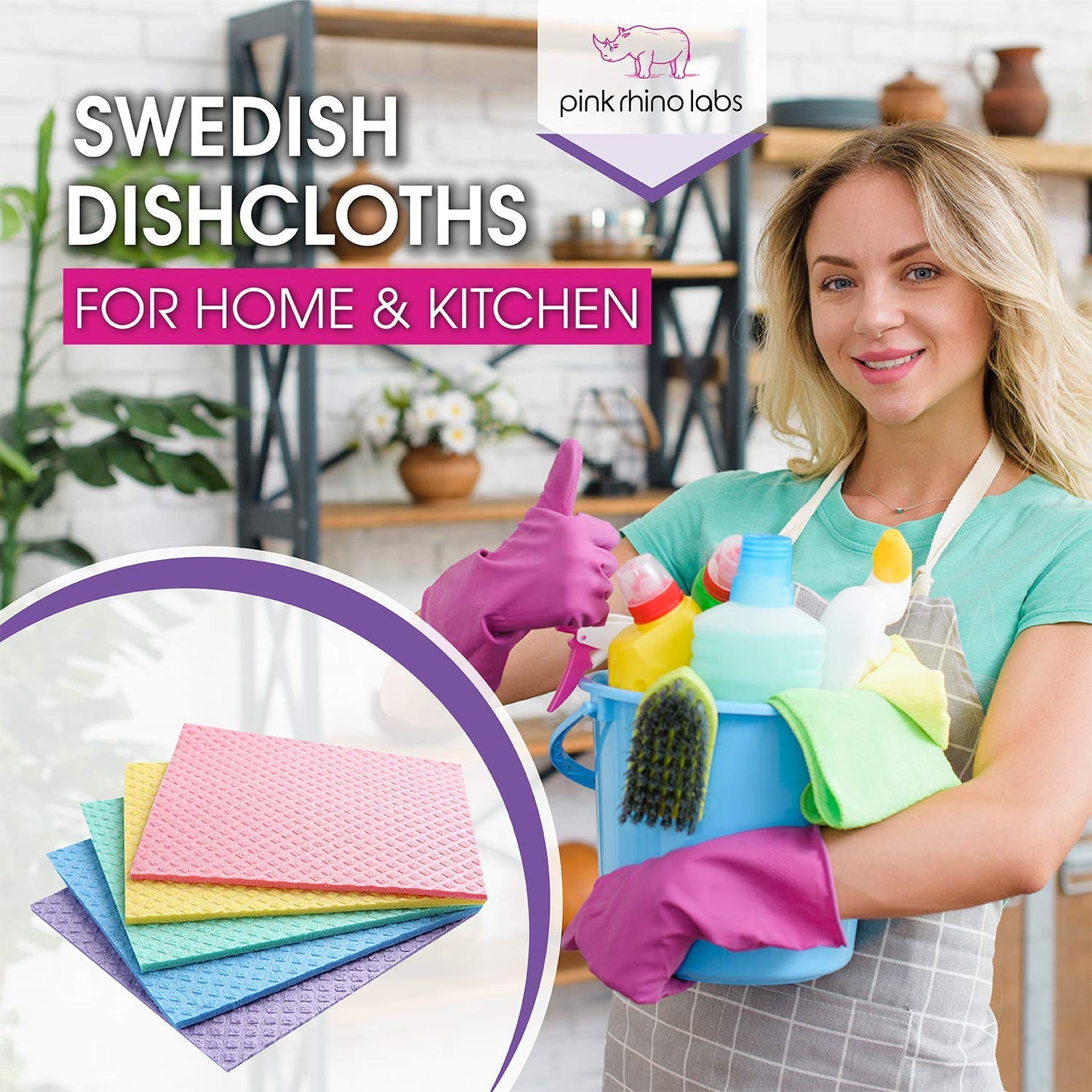 PINK RHINO LABS Swedish Dishcloths - Eco-Friendly Reusable Kitchen Towels - 10 Pack Cleaning Cloths for Dishes, Counters & Surfaces - Super Absorbent, Compostable, Zero-Waste Alternative