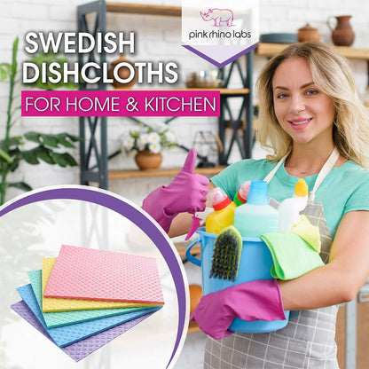 PINK RHINO LABS Swedish Dishcloths - Eco-Friendly Reusable Kitchen Towels - 10 Pack Cleaning Cloths for Dishes, Counters & Surfaces - Super Absorbent, Compostable, Zero-Waste Alternative