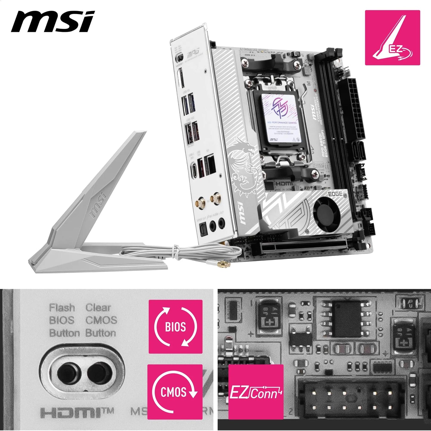 MSI MPG B850I Edge TI WiFi Mainboard, ATX – Unterstützt AMD Ryzen 9000/8000/7000 Prozessoren, AM5-90A SPS VRM, DDR5 Memory Boost (8200+ MT/s OC), PCIe 5.0 x16, M.2 Gen5, Wi-Fi 7, 5G LAN
