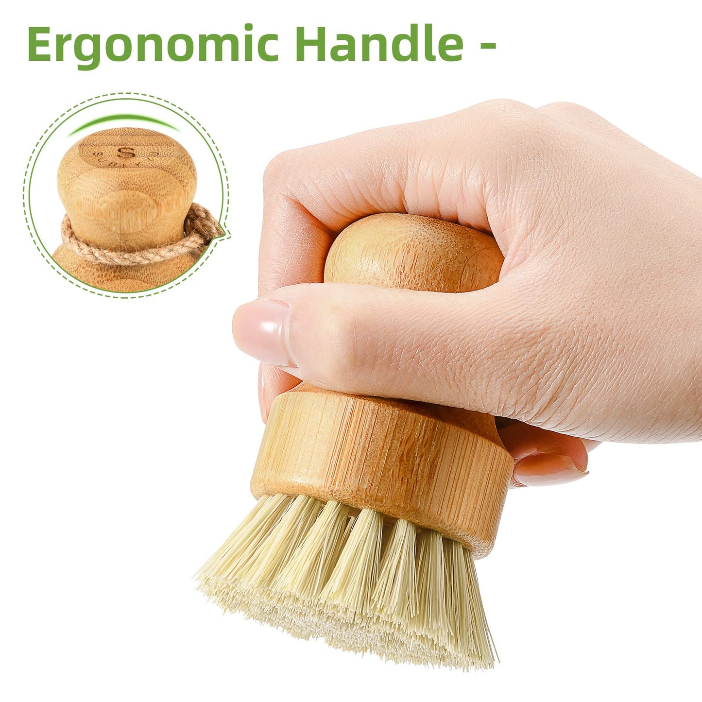 SUBEKYU Bamboo Dish Scrub Brush for Kitchen Sink, Natural Wooden Washing Dish Brush Scrubber with Sisal Bristles for Household Cleaning, Cast Iron Pots, Pans and Vegetables
