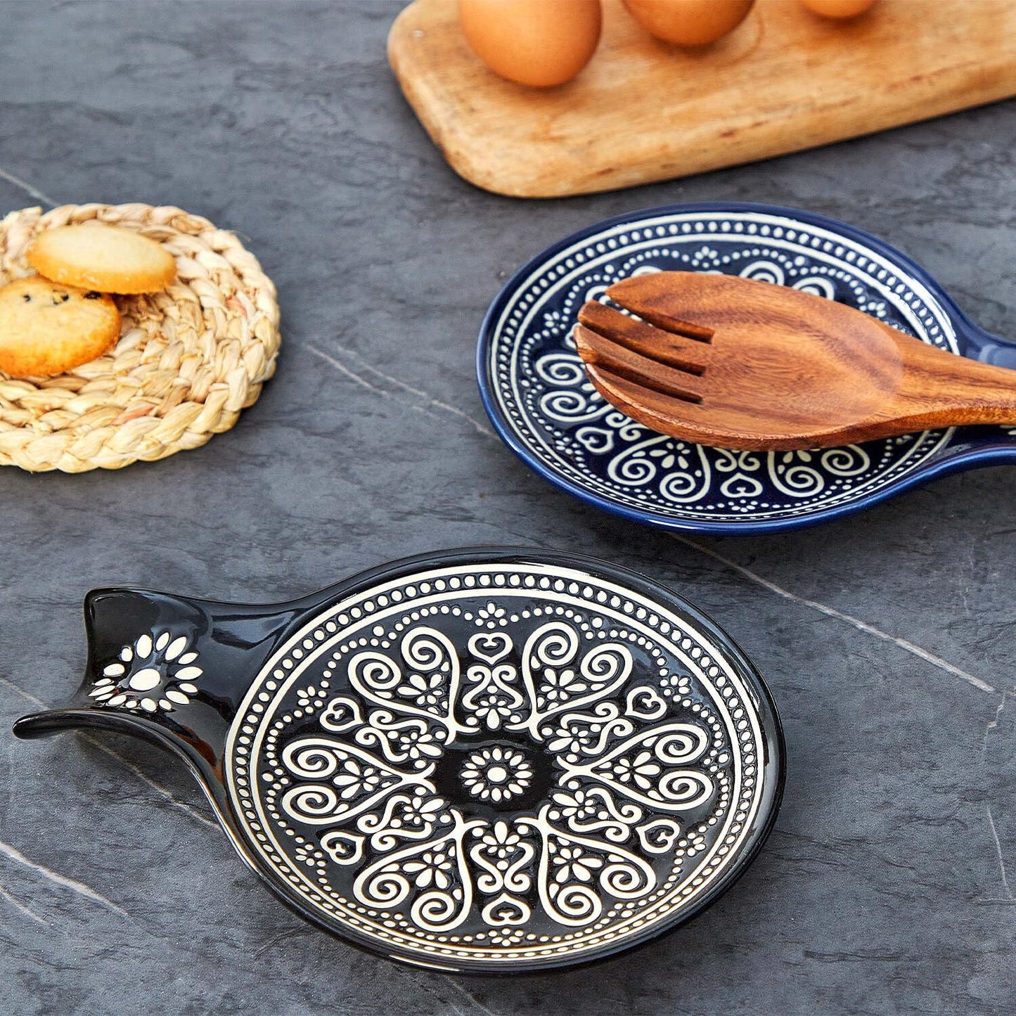 Ceramic Spoon Rest, Cooking Spoon Holder for Kitchen Counter/Stove Top/Dining Table Modern Farmhouse Decorative, Large (Blue)