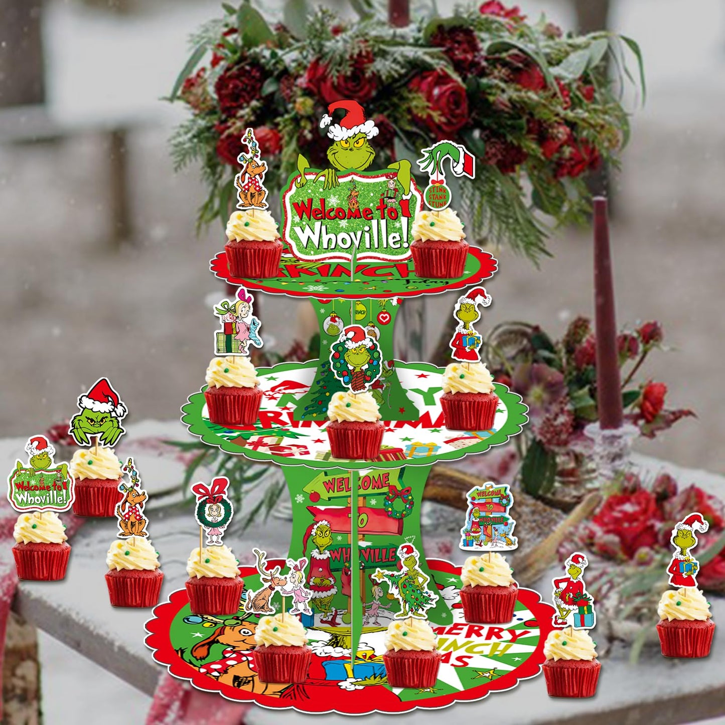 Tentaquil Green 3-Tier Cupcake Stand and 12pcs Cupcake Toppers Christmas Cupcake Holder Christmas Cupcake Decorations Whoville Christmas Decorations Christmas Party Supplies