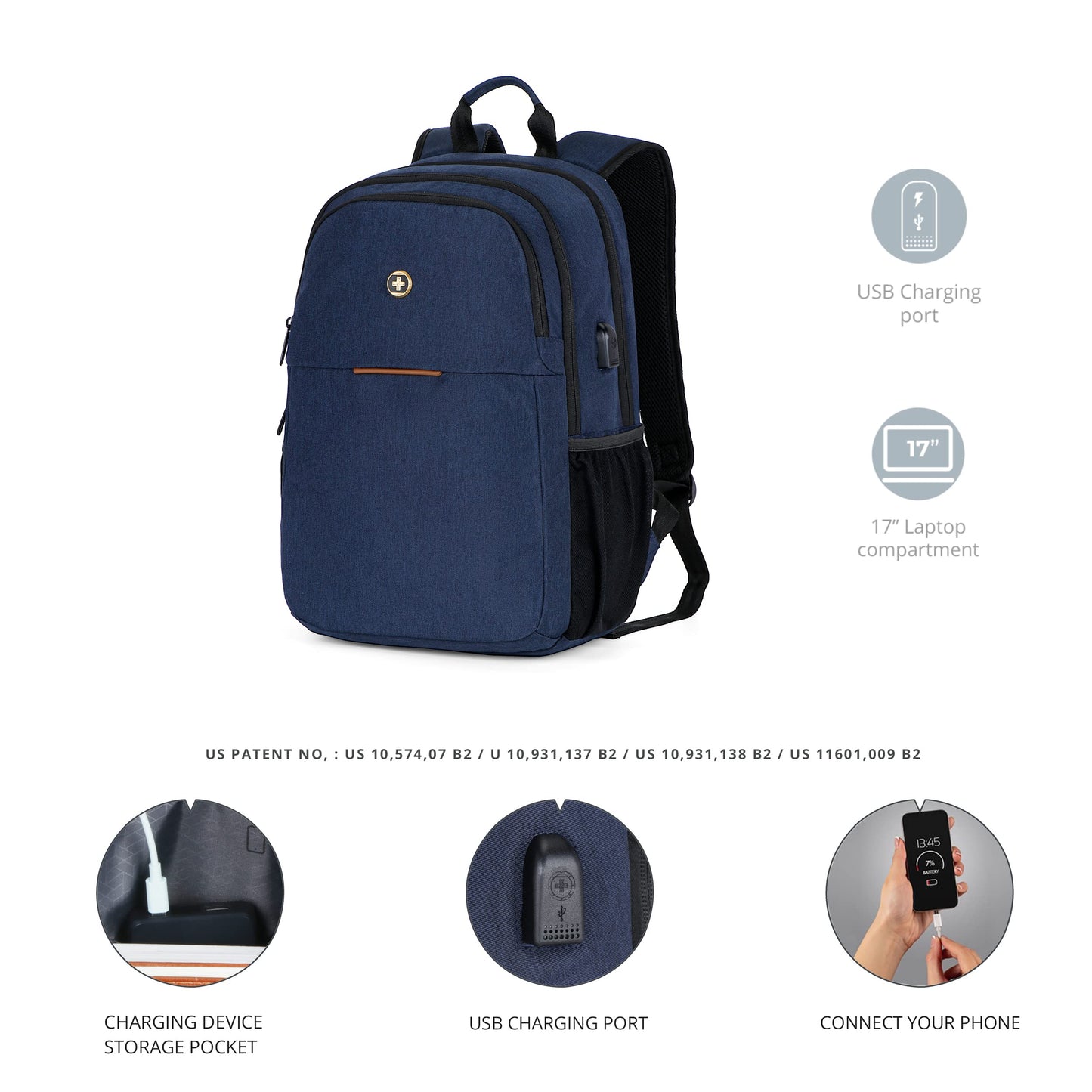 Swissdigital Design College 17 inch Laptop Backpack, Slim Business Travel Laptop Backpack With USB Charging Port For Women & Men Laptop Dark Blue (BIBERSTEIN SD1636-12)