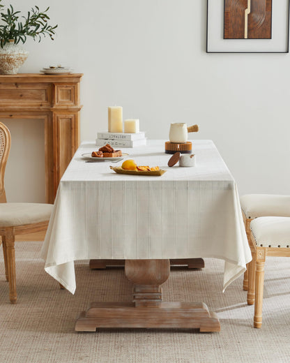 ZeeMart Linen Checked Table Cloth, Farmhouse Style Plaid Embroidered Neutral Tablecloth, Water Resistant Rectangle Table Cloth, Ivory 52x70 Inches