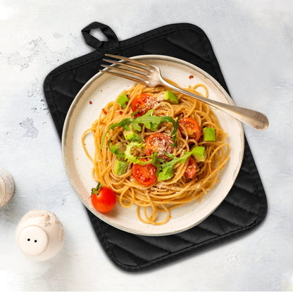 R HORSE 6Pcs Pot Holder with Pocket for Kitchen Black Pot Holders Set Cotton Heat Resistant Potholder Terry Cloth Coaster Hot Pad Oven Mitts Trivet for Baking Cooking 7''x9''