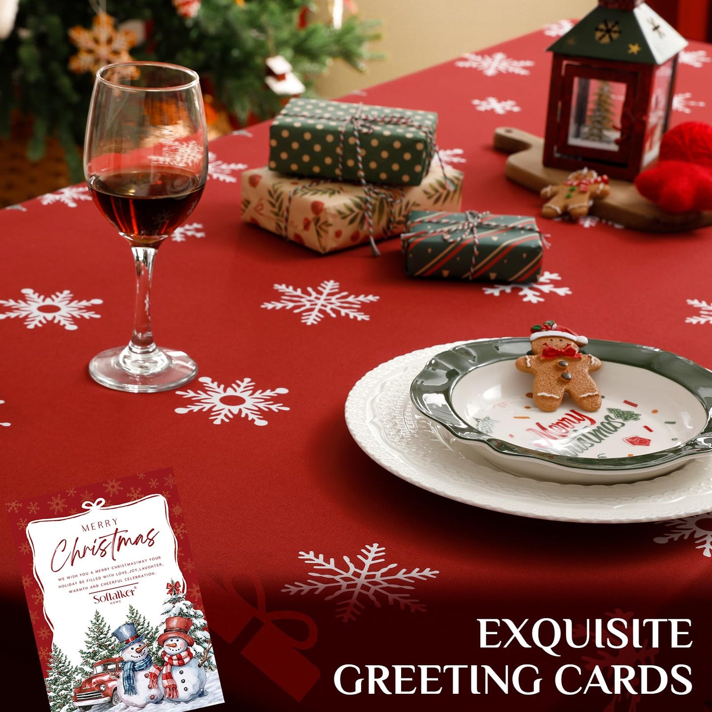 Softalker Christmas Tablecloth Rectangle 60x84 Inch, Winter Xmas Snowman Truck Red Table Cloth, Stain Resistant Farmhouse Table Cover for Holiday, Dinner, Party