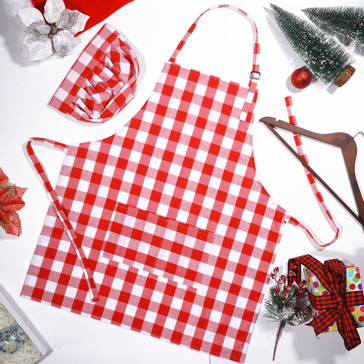 SATINIOR 2 Pcs Chef Costume for Women Men Chef Hat Apron Set for Adult Baker Apron Hat for Cooking Cosplay(Red, White,Plaid Style)
