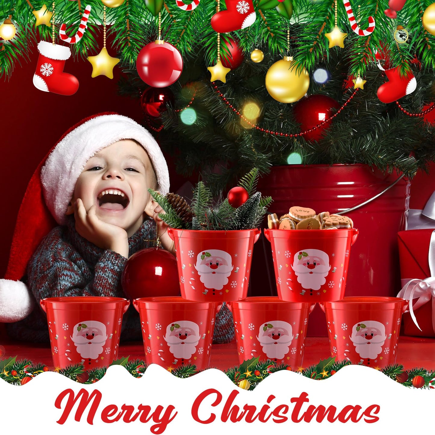 Sliner 24 Pcs Plastic Christmas Buckets Bulk with Handles 5.71 x 4.53 x 4.53 Inch Santa Plastic Buckets Christmas Pails for Gifts Home Candy Toy Baskets for Christmas Holiday Party Favors Supplies