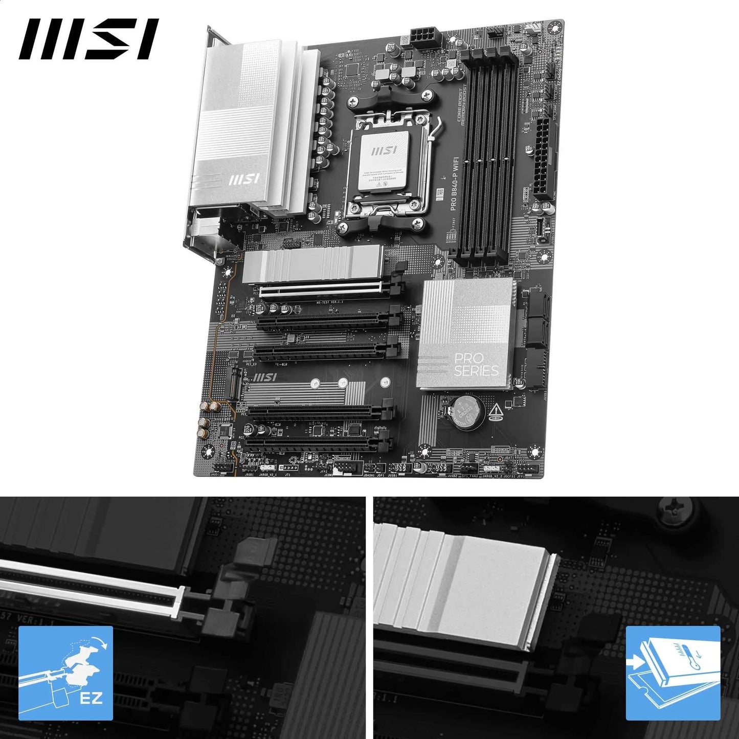 MSI PRO B840-P WiFi-Mainboard, ATX – Unterstützt AMD Ryzen 9000/8000/7000 Prozessoren, AM5 – DDR5-Speicher-Boost (übertaktbar auf über 8000 MT/s), PCIe 4.0 x16, M.2 Gen4, Wi-Fi 7, 2,5G-LAN