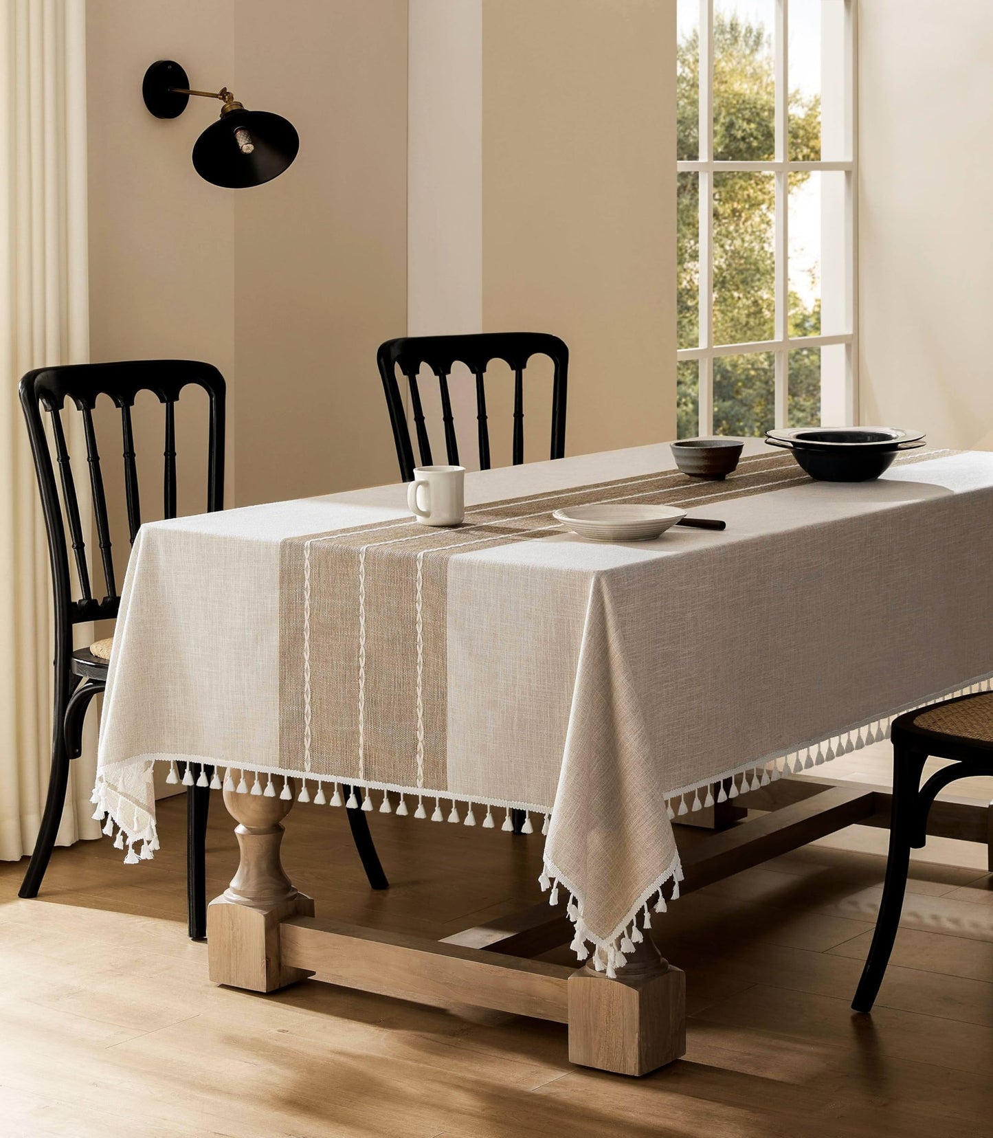 ZeeMart Contrast Linen Table Cloth Rectangle Table Cloths 52x70 Inch Brown, Farmhouse Style Heavy Weight Beige Tablecloth, Water Resistant Burlap Tablecloths
