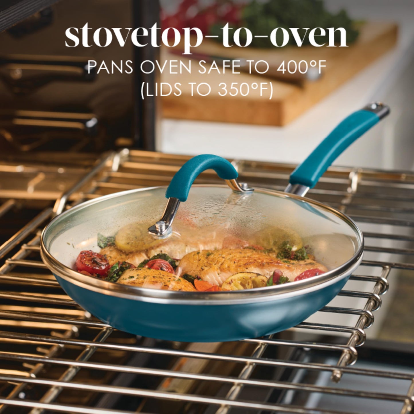 Rachael Ray Cucina Keramik-Kochgeschirr-Set – 13-teilig – Keramik-Topf- und Pfannenset mit antihaftbeschichteten Bratpfannen, Schmorpfanne, Stielkasserollen, Suppentopf, Deckeln, Topfschonern und Kochutensilien – Marineblau