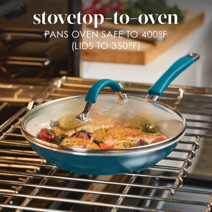 Rachael Ray Cucina Keramik-Kochgeschirr-Set – 13-teilig – Keramik-Topf- und Pfannenset mit antihaftbeschichteten Bratpfannen, Schmorpfanne, Stielkasserollen, Suppentopf, Deckeln, Topfschonern und Kochutensilien – Marineblau
