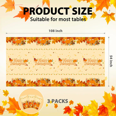 SUNCHARM Thanksgiving Tablecloth Disposable 3pcs - Plastic Thanksgiving Tablecloth Rectangle Fall Table Cloth Autumn Harvest Pumpkin Tablecover Table Cover for Dinner Party Decor 54x108 inches