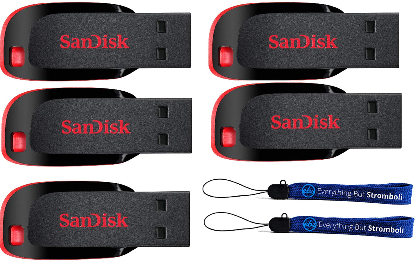 SanDisk (5 Pack) Cruzer Blade 64GB USB Type-A 2.0 Compact Flash Drive Compatible with Laptops and Desktop Computers SDCZ50-064G-B35 - Bundle with (2) Everything But Stromboli Lanyards