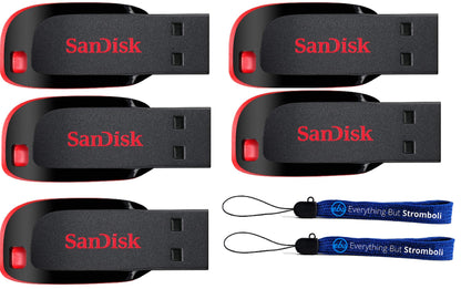 SanDisk (5 Pack) Cruzer Blade 64GB USB Type-A 2.0 Compact Flash Drive Compatible with Laptops and Desktop Computers SDCZ50-064G-B35 - Bundle with (2) Everything But Stromboli Lanyards