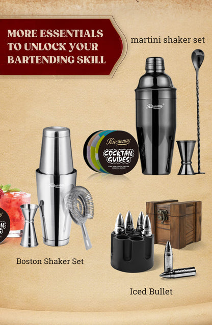 Cocktail Shaker, KITESSENSU 24oz Drink Shaker with Bartender Strainer, Measuring Jigger, Bar Mixing Spoon, Cocktail Recipe Guide, Professional Drink Mixer Set for Beginners, Silver