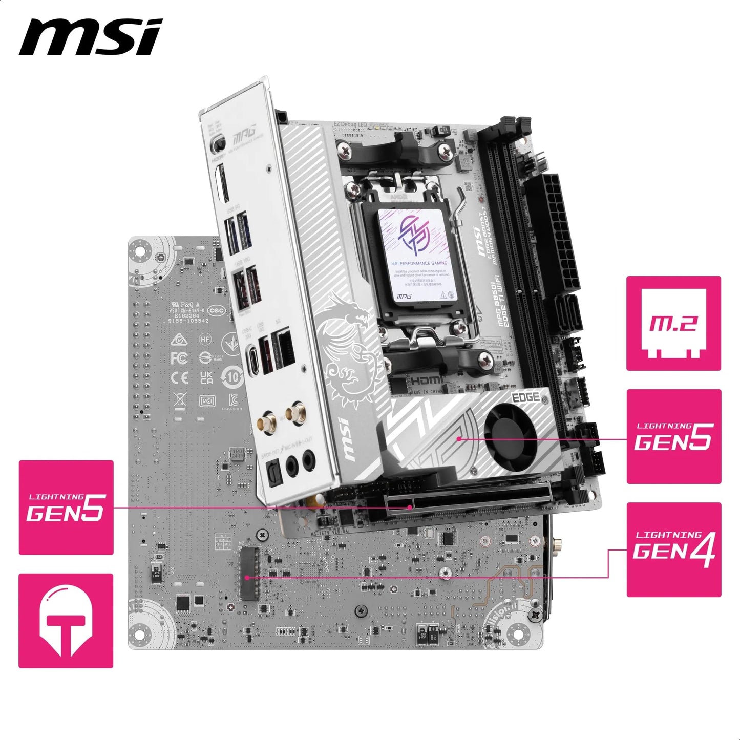 MSI MPG B850I Edge TI WiFi Mainboard, ATX – Unterstützt AMD Ryzen 9000/8000/7000 Prozessoren, AM5-90A SPS VRM, DDR5 Memory Boost (8200+ MT/s OC), PCIe 5.0 x16, M.2 Gen5, Wi-Fi 7, 5G LAN