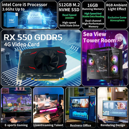Prebuilt Gaming PC Desktop Computer,Intel Core i5 Desktop,Operating at A Frequency of 3.2-3.6 GHz,RX550 Graphics Card with 4GB GDDR5 Video Memory,16GB RAM, 512GB NVME SSD,WiFi5,RGB Fan x4 Windows 11