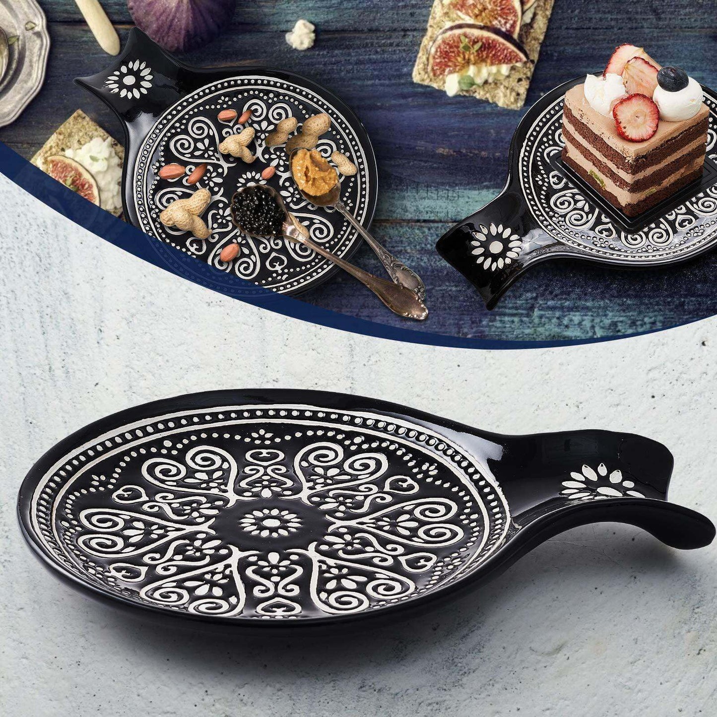 Ceramic Spoon Rest, Cooking Spoon Holder for Kitchen Counter/Stove Top/Dining Table Modern Farmhouse Decorative, Large (Blue)