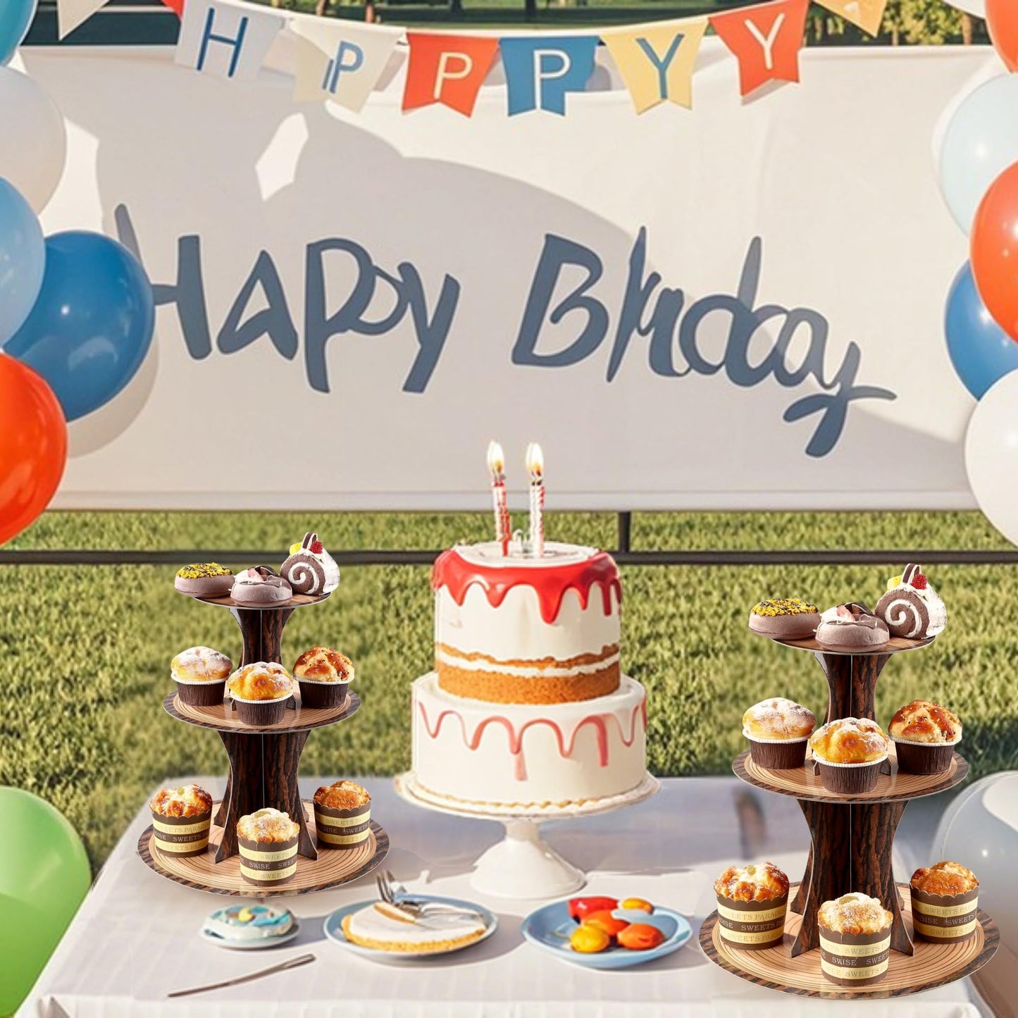 PANGU 2 Pack Rustic Wood Cupcake Stand for Party, 3-Tier Cardboard Cupcake Tower Holder for Baby Shower, Birthday, Camping, Safari Theme, Woodland Party Decorations, Dessert Display Tray (Wood Grain Look)