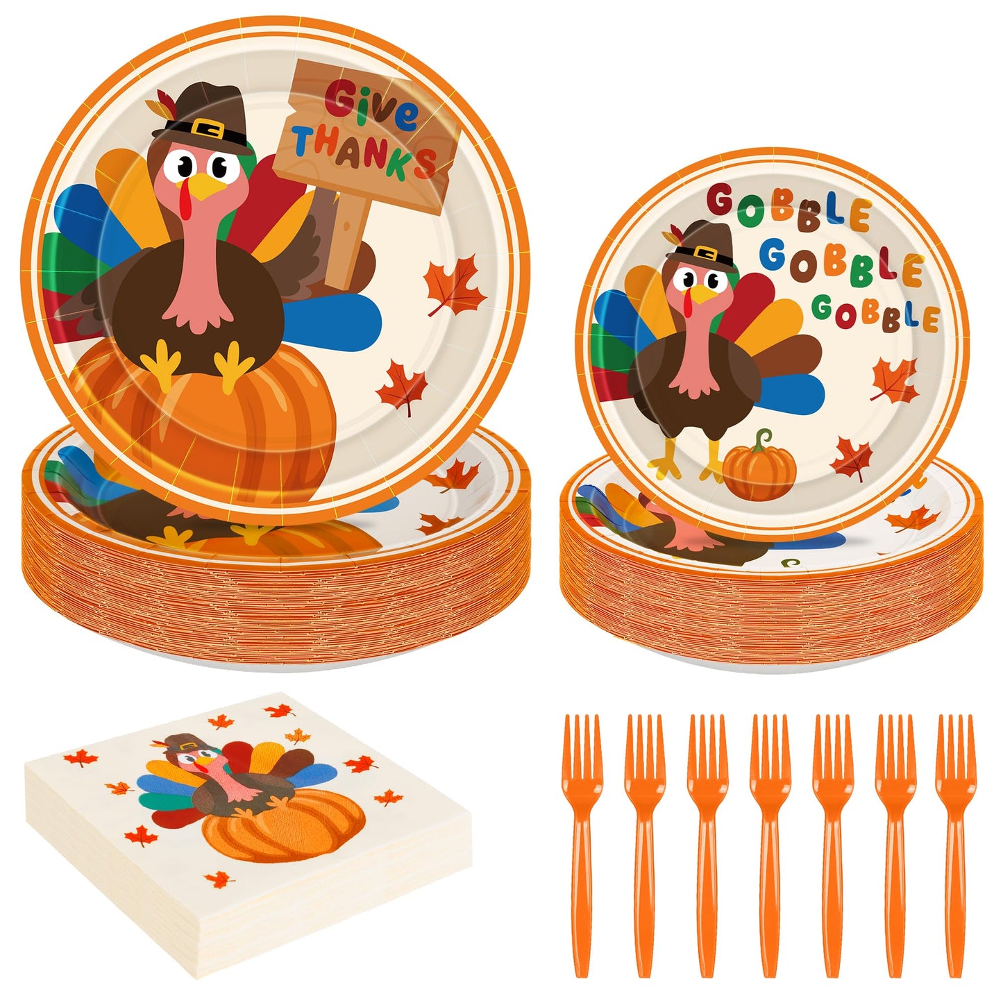 QZYL 120-teiliges Thanksgiving-Teller- und Servietten-Set, Einweg-Pappteller für Thanksgiving, 23 cm und 18 cm Durchmesser, runde Kürbis-Truthahn-Dekorationen für Erntedankfeste und andere festliche Anlässe