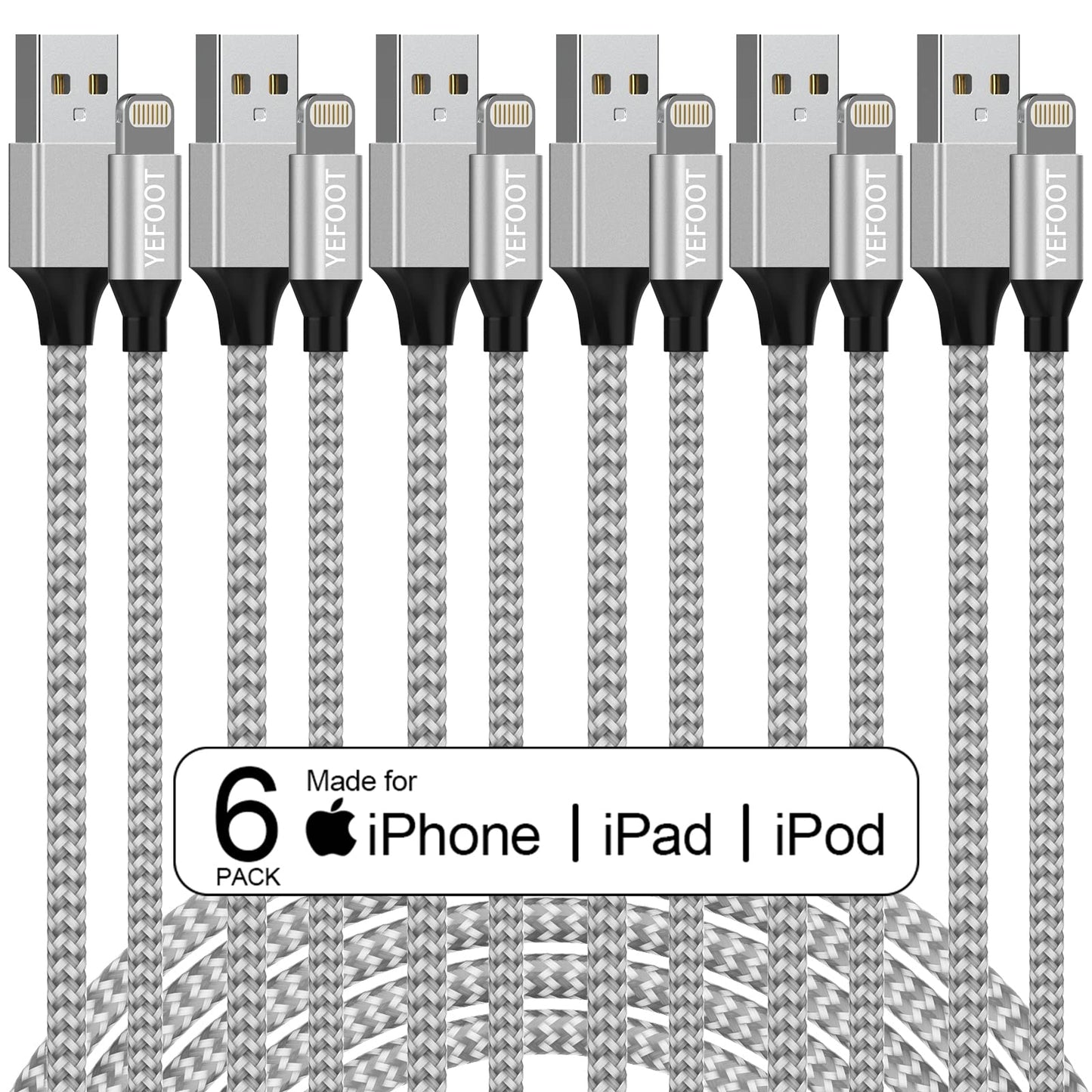[Apple MFi-zertifiziert] 6er-Pack [0,9/0,9/1,8/1,8/1,8/3 m] iPhone-Ladekabel mit Lightning-Anschluss, kompatibel mit iPhone 14 Pro Max/14 Pro/14/14 Plus/13 Pro/13/12 Pro/12/11 und weiteren Modellen – Silber &amp; Weiß