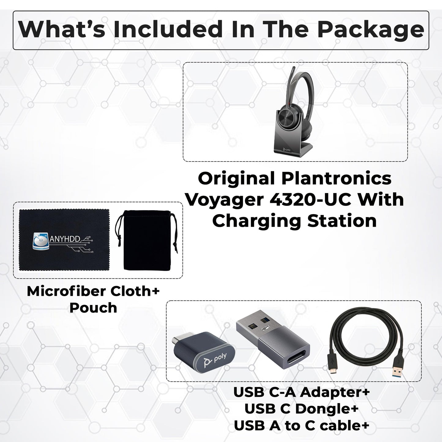 Poly Voyager 4320 UC Kabelloses Headset &amp; Ladestation – Stereo-Kopfhörer mit geräuschunterdrückendem Mikrofonarm + Ladestation + USB-C-auf-A-Adapter + USB-C-Dongle + USB-Netzkabel + Tasche + Mikrofasertuch