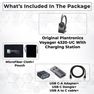Poly Voyager 4320 UC Kabelloses Headset &amp; Ladestation – Stereo-Kopfhörer mit geräuschunterdrückendem Mikrofonarm + Ladestation + USB-C-auf-A-Adapter + USB-C-Dongle + USB-Netzkabel + Tasche + Mikrofasertuch