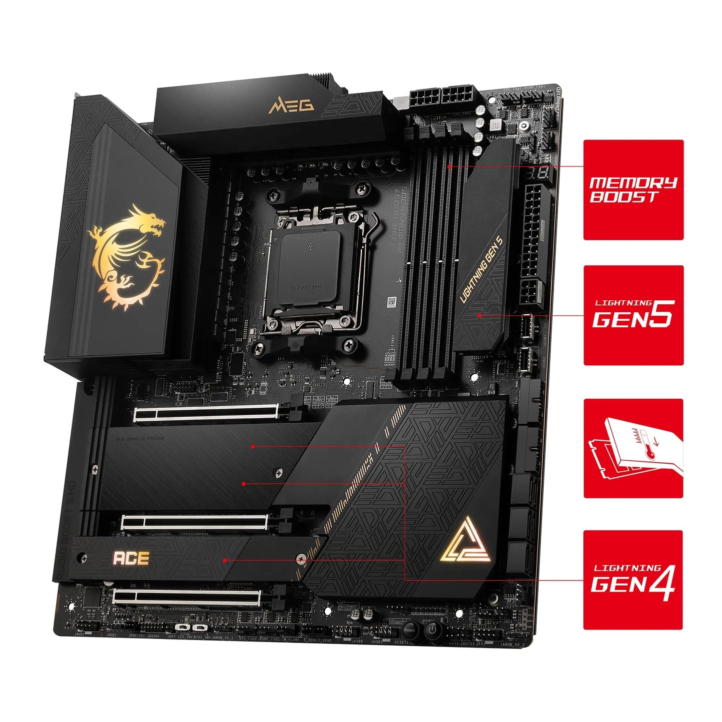 MSI MEG X670E ACE Gaming-Motherboard (AMD Ryzen 9000/8000/7000 Prozessoren, AM5, DDR5, PCIe 5.0, SATA 6Gb/s, M.2, USB 3.2 Gen 2, Wi-Fi 6E, Bluetooth 5.3, HDMI/DP, EATX)