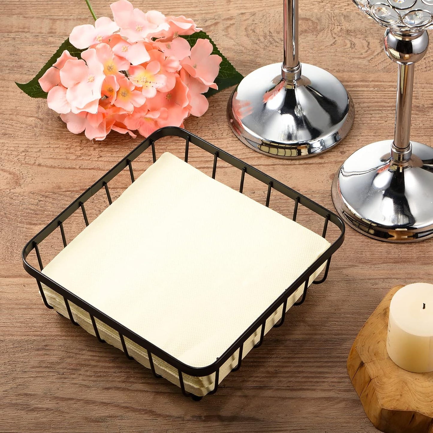 2 Pieces Napkin Holder for Table, Modern Flat Metal Paper Napkin Holder for Kitchen or Dining Room, Square Metal Lattice Basket, Restaurant Towel Dispenser (Black)