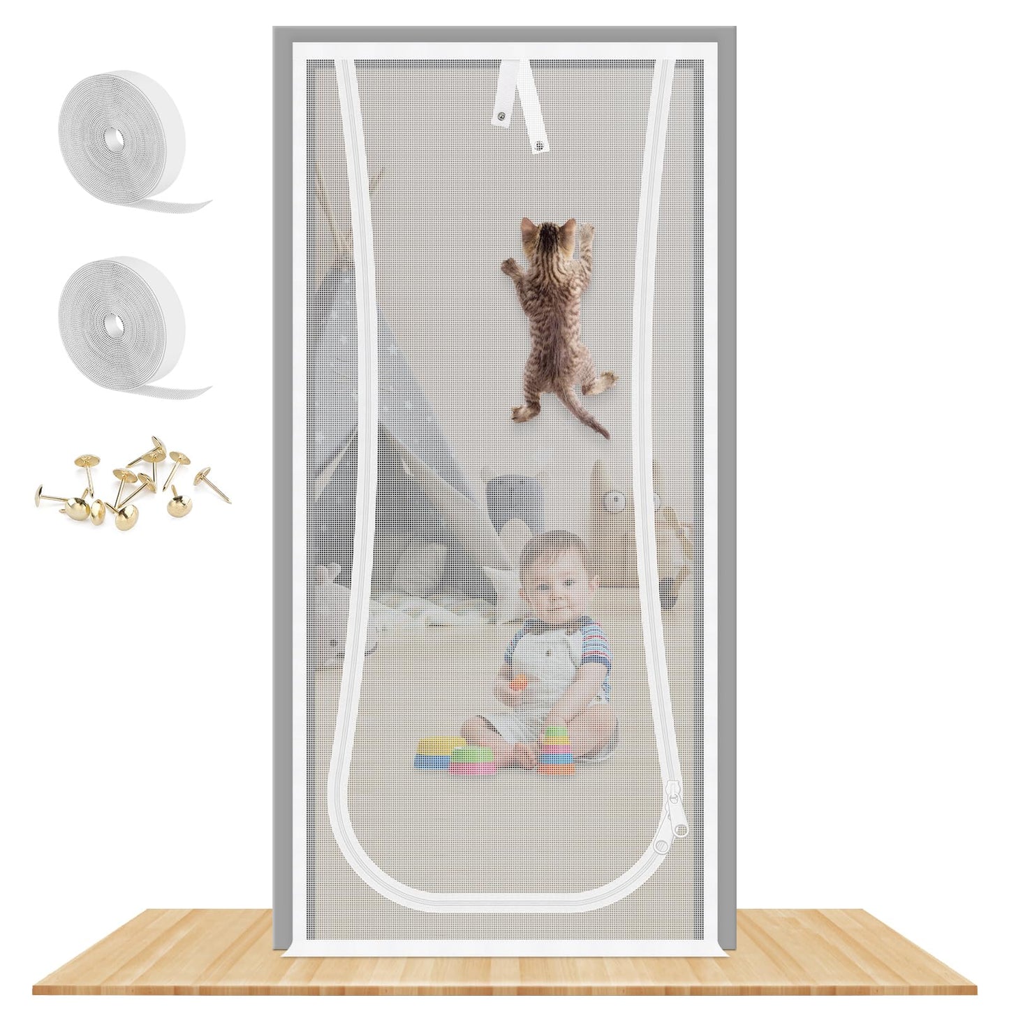 Reinforced Cat Screen Door, 35.5X82” Heavy Duty Pets Proof Screen Door with Bilateral Zipper, Prevent Dogs Cats Running Out from Home, Bedroom, Living Room, Kitchen Patio Doo
