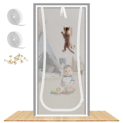 Reinforced Cat Screen Door, 35.5X82” Heavy Duty Pets Proof Screen Door with Bilateral Zipper, Prevent Dogs Cats Running Out from Home, Bedroom, Living Room, Kitchen Patio Doo