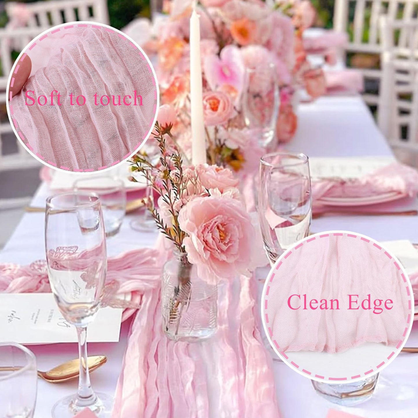 SAJOO Pink Cheesecloth Table Runner 10FT Boho Rustic Sheer Cheese Cloth Table Runners 120 Inch Gauze Table Decorations for Wedding Bridal Baby Shower Birthday Party Home Decor