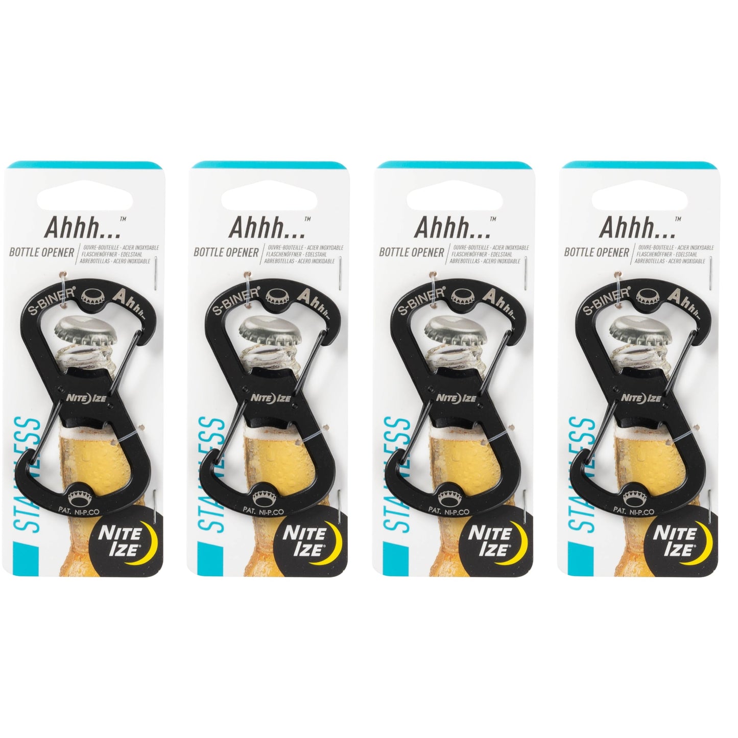 Nite Ize Ahhh... Edelstahl-Flaschenöffner - Schlüsselanhänger mit S-Biner-Funktion - Robuster Doppelflaschenöffner-Karabiner - Schlüsselanhänger-Zubehör - Schwarz, 4 Stück (4er-Pack)