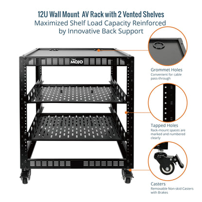 TECMOJO 12U Open-Frame-Netzwerkschrank für IT- und AV-Geräte, 4-Pfosten mit Rollen, mobil, inklusive 2 x 1U-Serverablagen und Montagematerial, für 19"-Netzwerk-, Audio- und Videogeräte