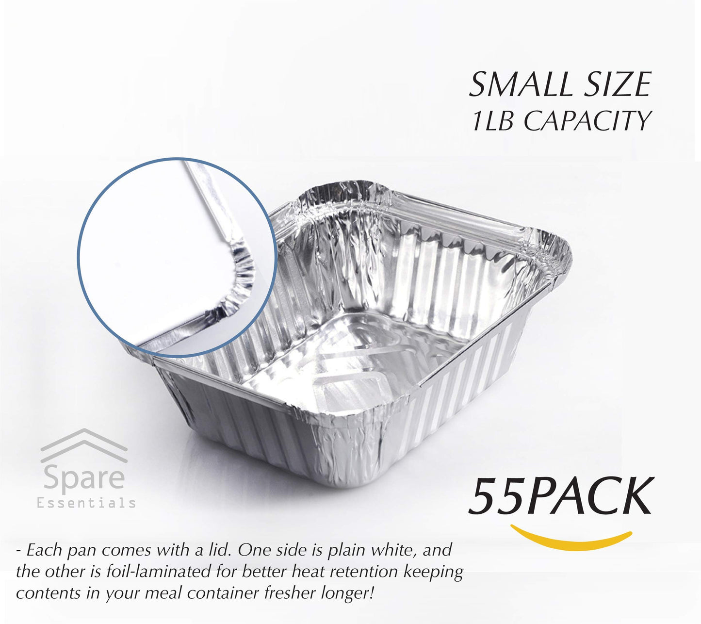 Spare Essentials 55 Pack - Small Foil Pans with Lids - To Go Food Containers with Lids 1lb Mini Aluminum Pans Freezer Safe Foil Take out Trays Heat proof Aluminum Meal Prep Containers 5.5x4.5x1.9 in