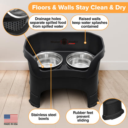 Neater Feeder Deluxe Mess Proof Dog Bowls Elevated for Large Dogs - Made in USA - No Spill Raised Dog Food Bowl Stand w/Leg Extensions - Stainless Steel Dog Food and Water Bowl Set - Black
