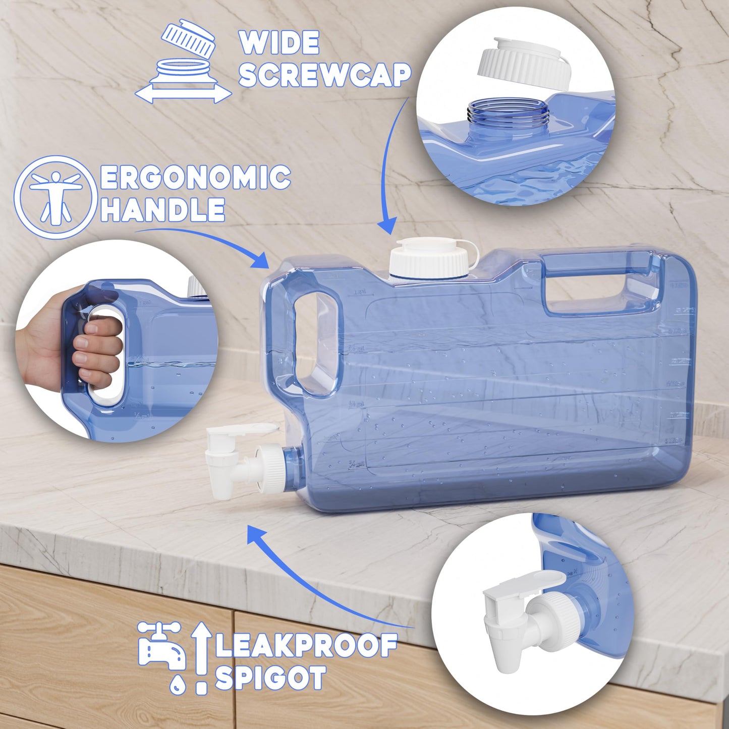 Refrigerator Water Dispenser 1.1 Gallon Bottle with Spigot - BPA Free Plastic Slim Water Jug with Spout Leak Proof | Refillable Fridge Water Container, Convenient Handles