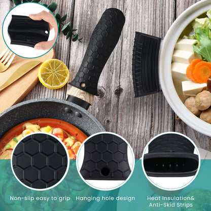 Patelai 8 Pcs Silicone Pot Holders Set Cast Iron Handle Cover Heat Resistant Pot Handle Covers Potholder Non Slip Reusable Pan Sleeve for Frying Pan Kitchen Supplies(Black)