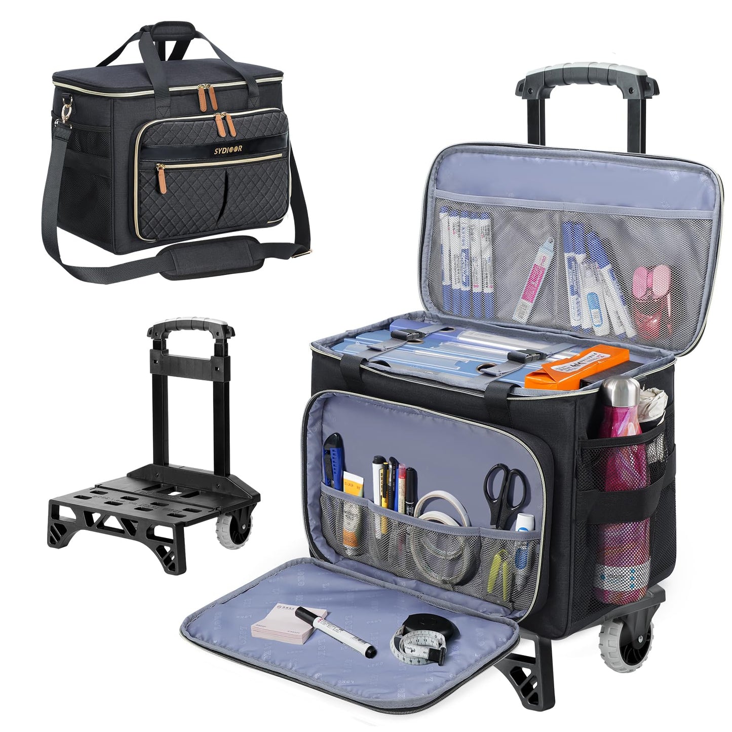 Sydioor Teacher’s Rolling Tote Cart, Tote Bag with Wheels -Spacious Wheeled Storage for Teachers: Holds Sewing Supplies, Laptop & Books