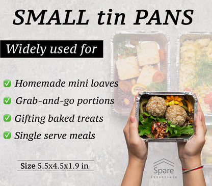 Spare Essentials 55 Pack - Small Foil Pans with Lids - To Go Food Containers with Lids 1lb Mini Aluminum Pans Freezer Safe Foil Take out Trays Heat proof Aluminum Meal Prep Containers 5.5x4.5x1.9 in