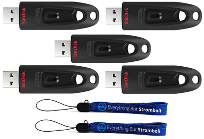 SanDisk 128 GB Ultra USB 3.0 5er-Pack schlanker tragbarer USB-Stick (SDCZ48-128G-U46) im Bundle mit (2) Everything But Stromboli Lanyards