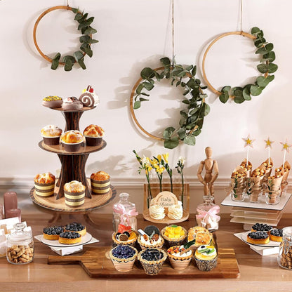PANGU 2 Pack Rustic Wood Cupcake Stand for Party, 3-Tier Cardboard Cupcake Tower Holder for Baby Shower, Birthday, Camping, Safari Theme, Woodland Party Decorations, Dessert Display Tray (Wood Grain Look)