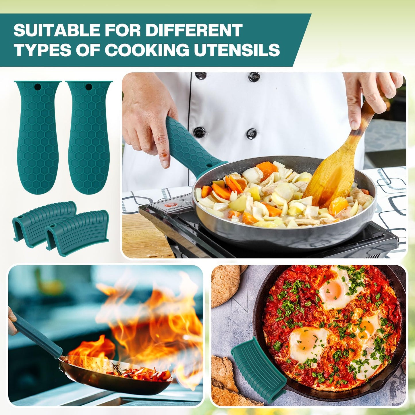 Patelai 8 Pcs Silicone Pot Holders Set Cast Iron Handle Cover Heat Resistant Pot Handle Covers Potholder Non Slip Reusable Pan Sleeve for Frying Pan Kitchen Supplies(Black)