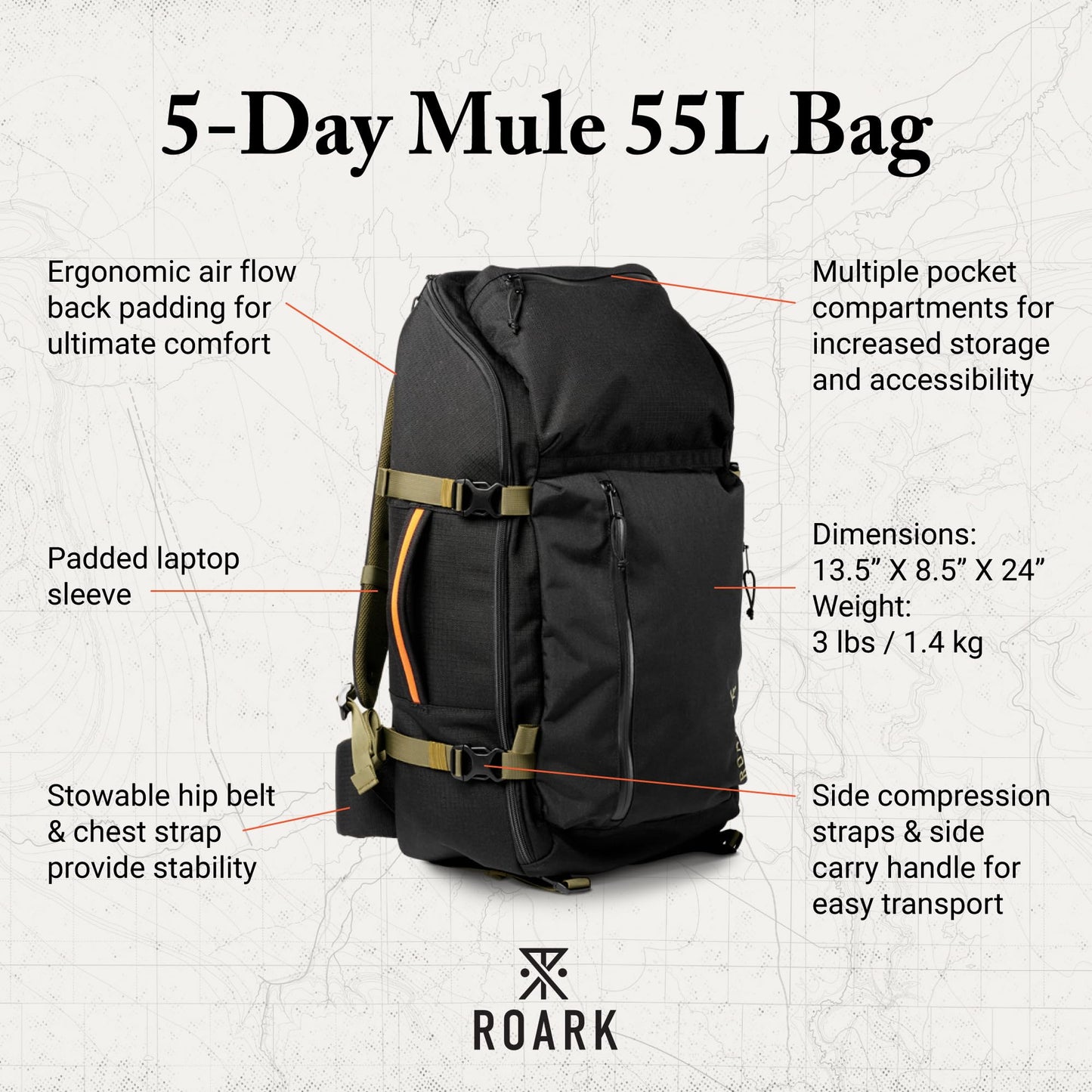 Roark 5 Day Mule 55L Rucksack, Mehrtages-Reiserucksack mit Laptopfach, Schwarz